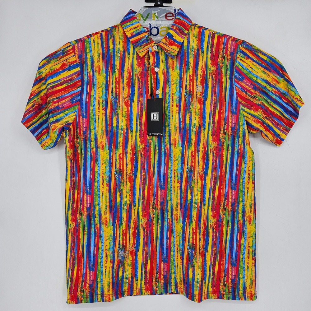 Hreski Polo Shirt Mens Large Colorful Striped Golf Casual‎ Preppy Short Sleeve
